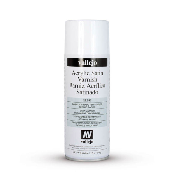 Vallejo Hobby Paint Spray: Acrylic Satin Varnish (400ml) (28.532) - SLOW SHIPPING, RESTRICTIONS AND 2 AEROSOL LIMIT PER ORDER