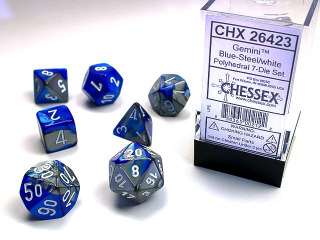 Chessex: Gemini Blue-Steel/White Polyhedral 7-Die Set (CHX26423