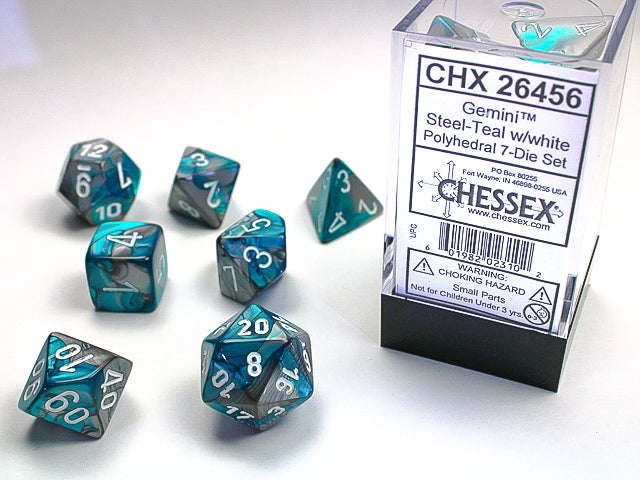 Chessex: Gemini Steel-Teal/White Polyhedral 7-Die Set (CHX26456