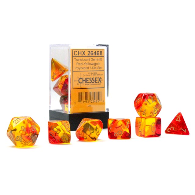 Chessex: Gemini Translucent Red-Yellow/Gold Poly. 7-Die Set