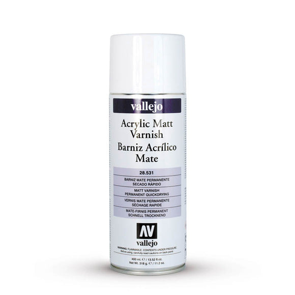 Vallejo Hobby Paint Spray: Acrylic Matt Varnish (400ml) (28.531) - SLOW SHIPPING, RESTRICTIONS AND 2 AEROSOL LIMIT PER ORDER