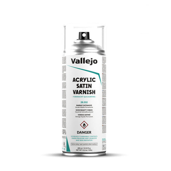 Vallejo Hobby Paint Spray: Acrylic Satin Varnish (400ml) (28.532) - SLOW SHIPPING, RESTRICTIONS AND 2 AEROSOL LIMIT PER ORDER