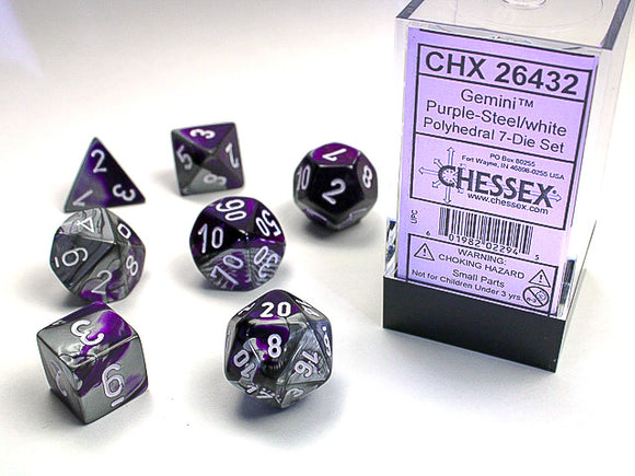 Chessex: Gemini Purple-Steel/White Polyhedral 7-Die Set (CHX26432)