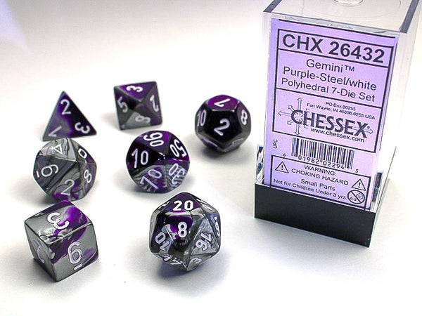 Chessex: Gemini Purple-Steel/White Polyhedral 7-Die Set (CHX26432