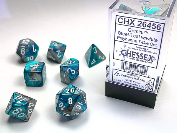 Chessex: Gemini Steel-Teal/White Polyhedral 7-Die Set (CHX26456
