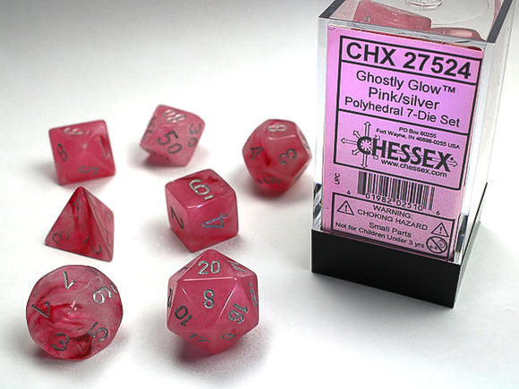 Chessex: Ghostly Glow - Pink/Silver - Polyhedral 7-Die Set (CHX27524)