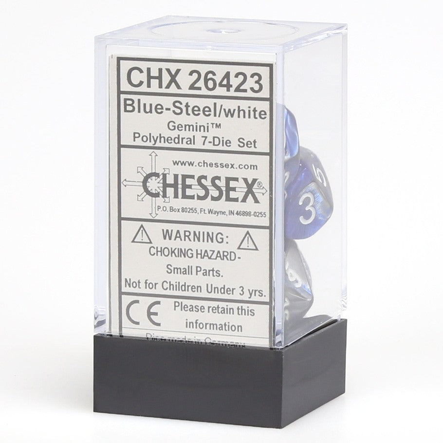 Chessex: Gemini Blue-Steel/White Polyhedral 7-Die Set (CHX26423