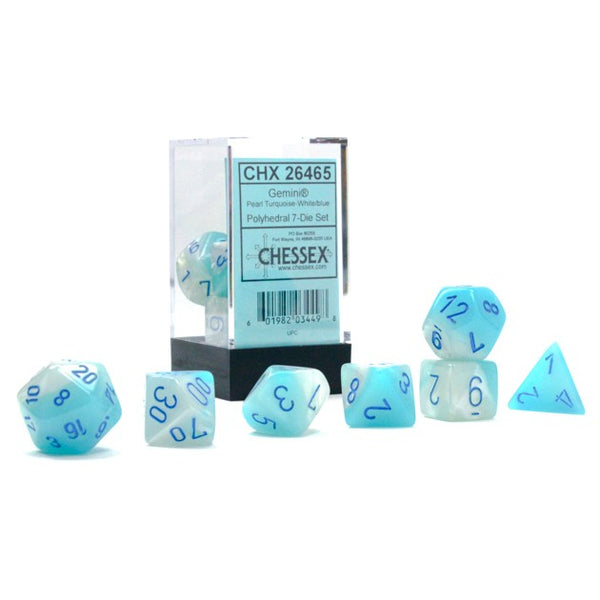 Chessex: Gemini Pearl Turquoise-White/Blue Lum. Poly. 7-Die Set